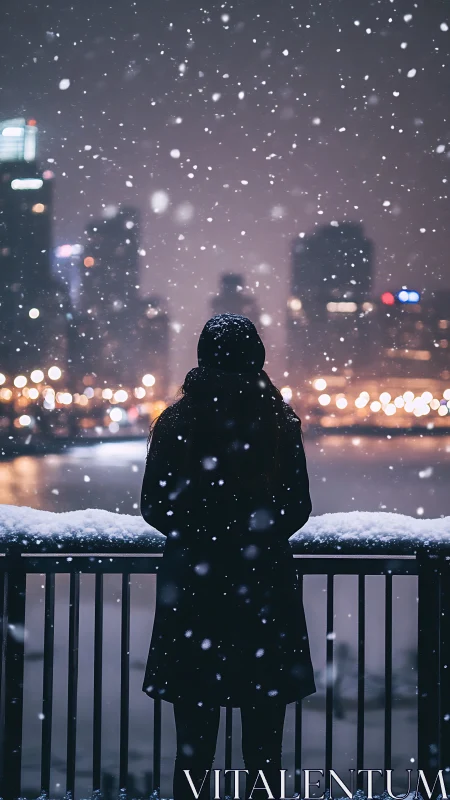 Solitary figure observing snowy urban skyline at night.