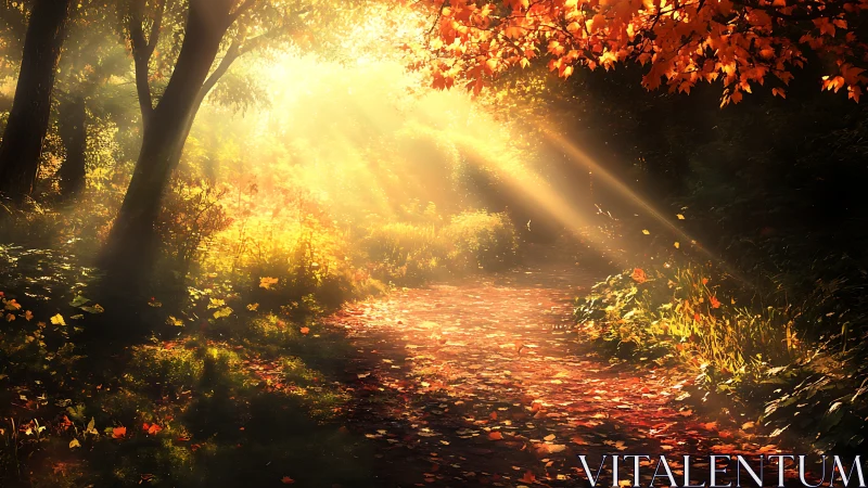 Golden autumn forest path glowing with gentle morning light.