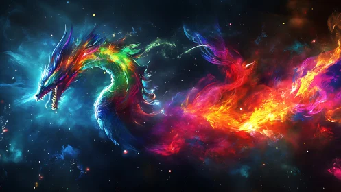 Radiant cosmic dragon swirling through vibrant stardust.
