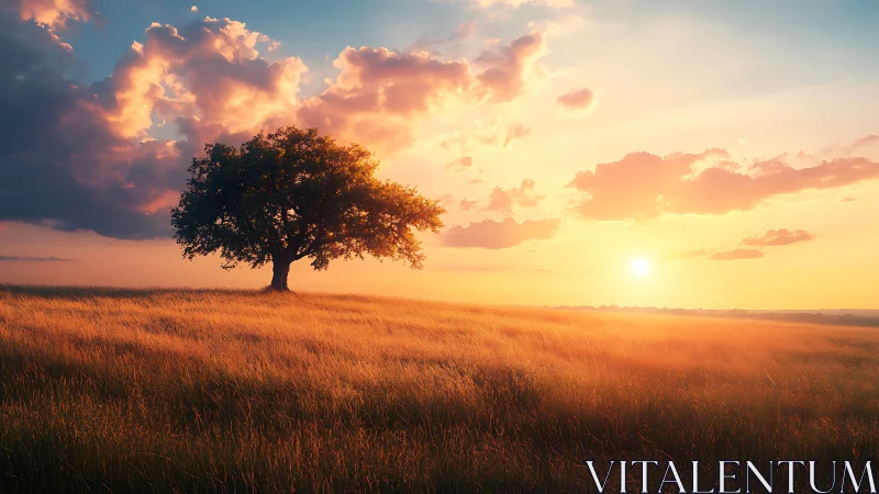 Solitary tree anchors a glowing sunset over windblown grassland