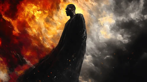 Solitary cloaked figure amid divided fiery and dark sky.