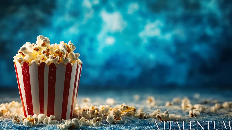 Striped popcorn tub anchors cinematic snack still life