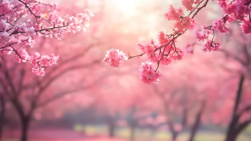 Pink Cherry Blossoms in Soft Focus Spring Landscape.