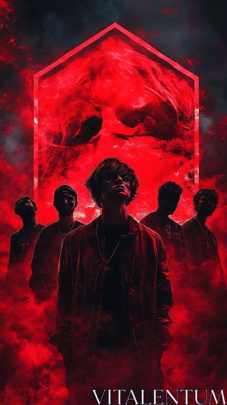 Dark red group portrait with smoky skull backdrop poster.