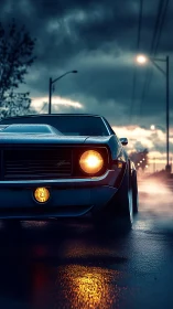 Midnight muscle car prowls through rain-slick neon streets.