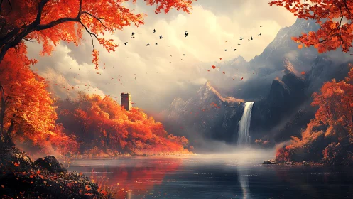 Autumn waterfall sanctuary with hidden tower in the hills.