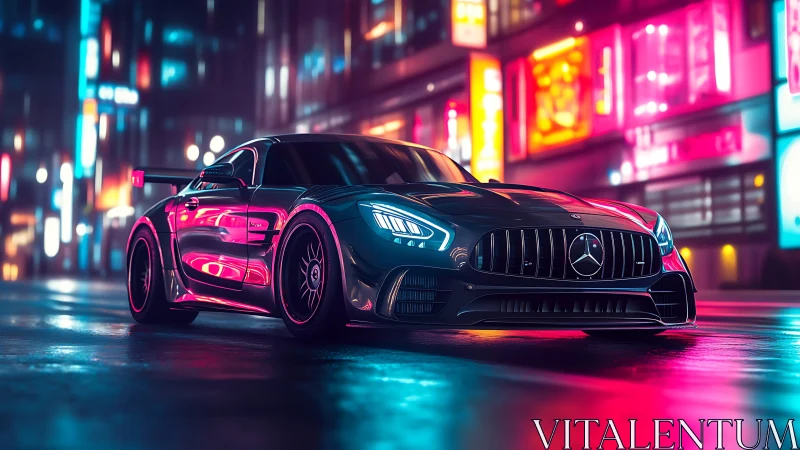 Neon-lit Mercedes AMG GT rendered with high-gloss reflections and depth