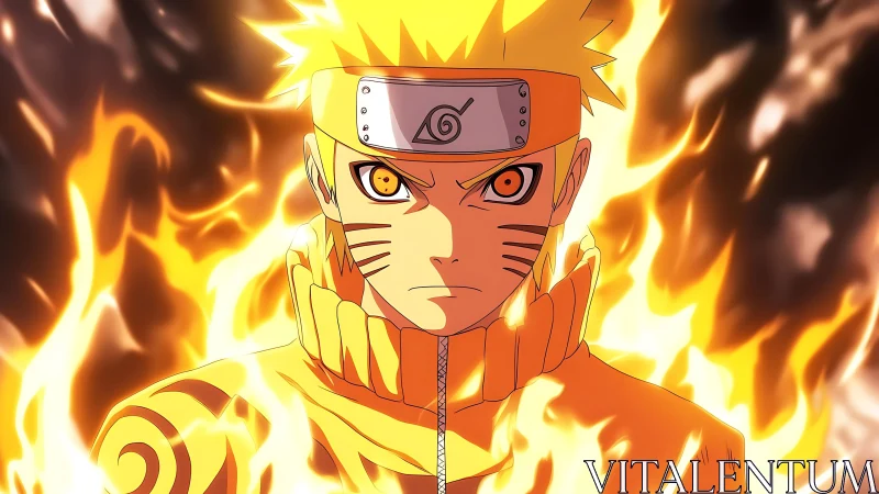 Blond ninja figure stands centered within stylized flames