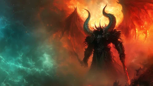 Fiery horned warlord strides through swirling cosmic storm.
