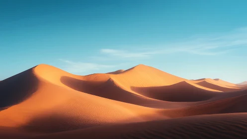 Sunlit desert dunes under clear cyan morning sky.