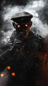 Cyberpunk enforcer android in cinematic smoke silhouette.