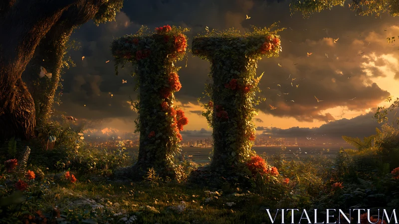 Sunlit ivy pillars gently welcome twilight over the bay