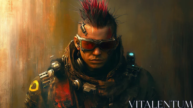 Cyberpunk mercenary portrait with red mohawk and visor gear.