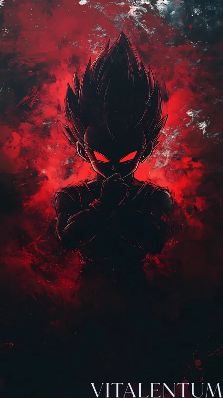 Brooding red-eyed warrior silhouette in explosive aura.