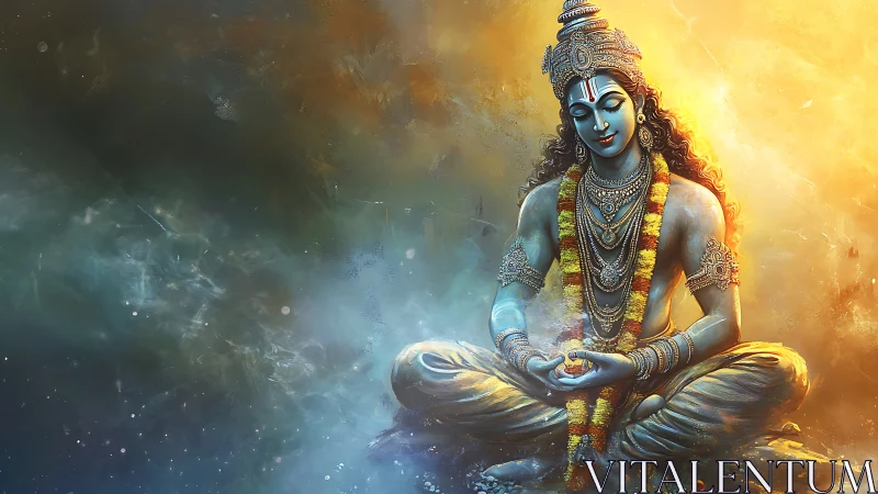 Divine blue deity meditates in radiant cosmic light.