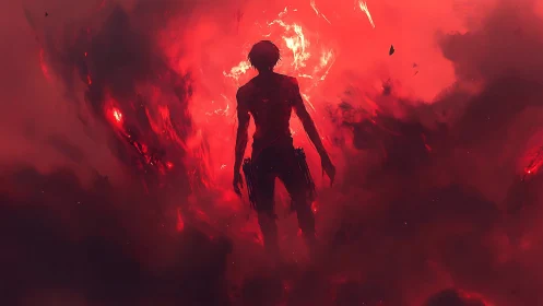 Silhouetted figure stands in burning red smoke and embers.