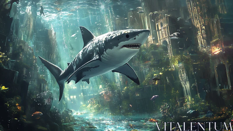 Shark glides through a luminous drowned city of ruins