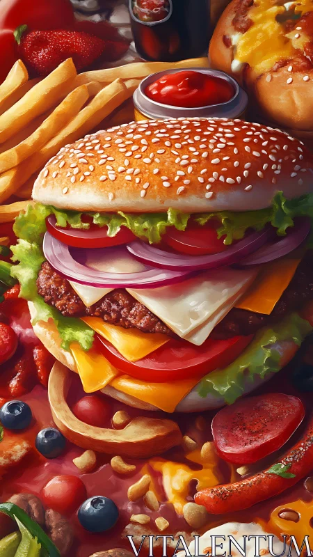 Layered cheeseburger with fries and vivid snack spread