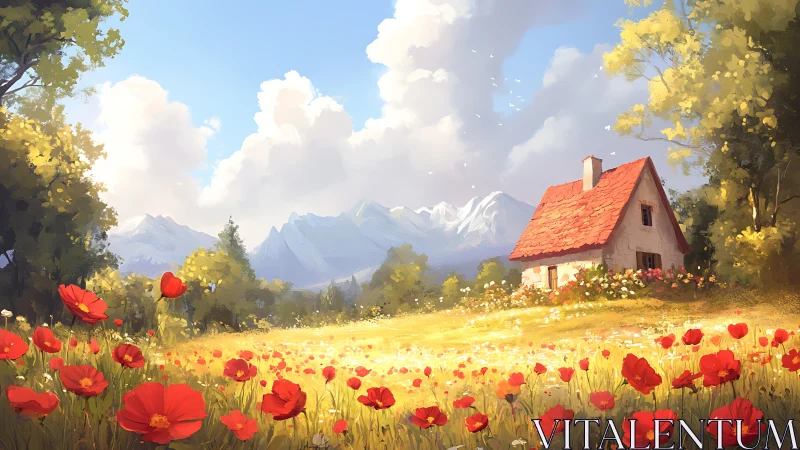 Wild poppies gossip while a red-roofed cottage naps in sun