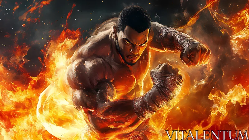 Digital illustration of fighter surrounded by intense flames.