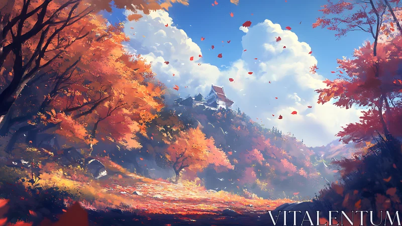 Autumn leaves swirl below a distant hilltop temple sanctuary