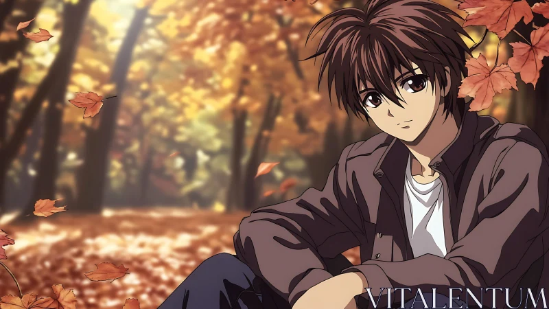 Pensive anime boy rests quietly beneath warm autumn leaves