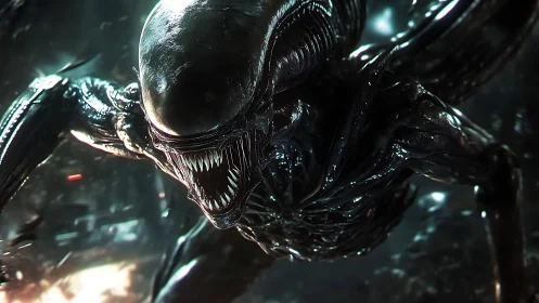 Aggressive biomechanical alien lunging in dark corridor.