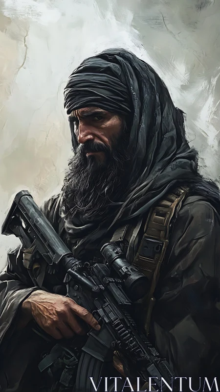 Hardened desert fighter holding rifle in muted portrait.