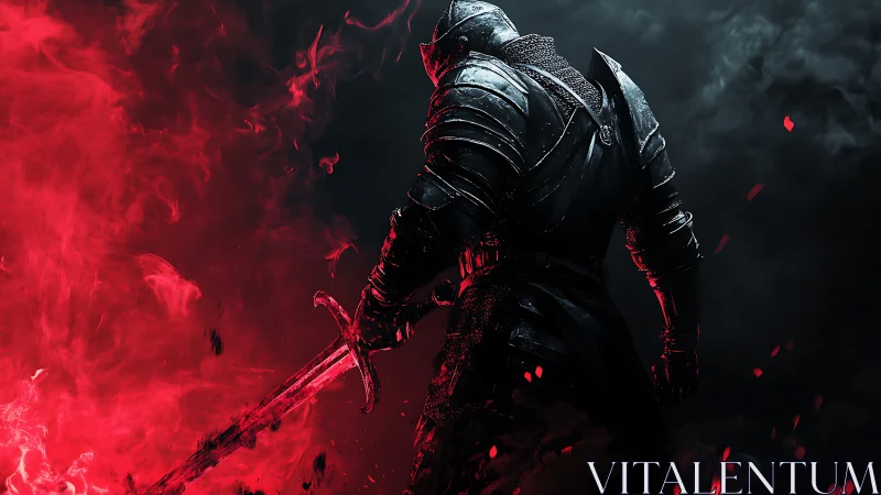 Armored warrior with sword amid red and black smoke.