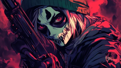 Neon-lit skull-masked gunner rendered in high-contrast cel shading