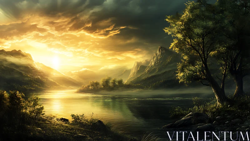 Digital landscape of sunlit lake, forest edge, distant mountains.