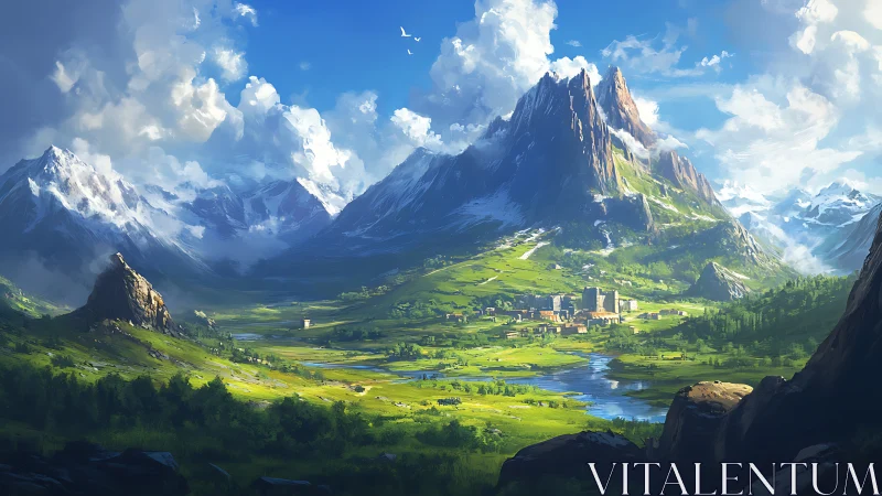 Emerald valley kingdom beneath soaring crystal peaks.
