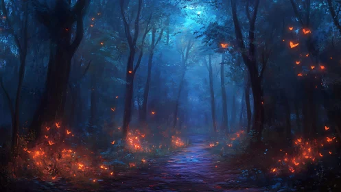 Forest Path with Bioluminescent Phenomena and Flame Particles
