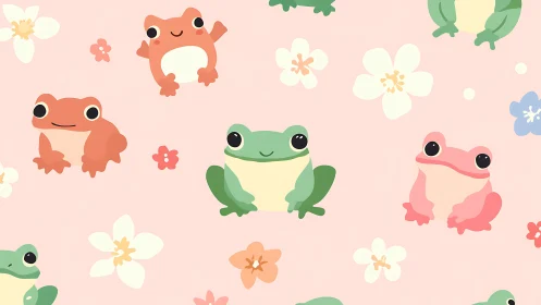Cute cartoon frogs scatter across pastel floral background