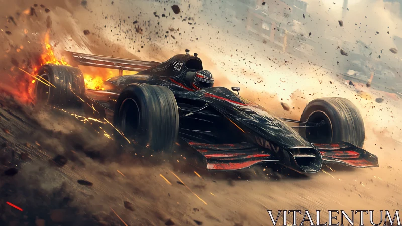 Inferno-fueled black race car tearing through blazing dust.