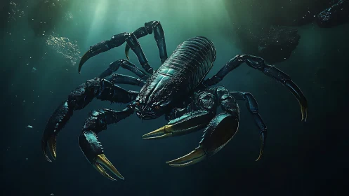 Giant cybernetic scorpion ascends through volumetric ocean light