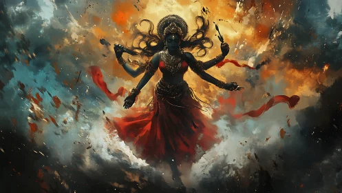 Fierce goddess in swirling fire and stormy cosmic skies.