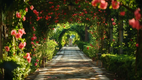 Sunlit rose tunnel frames long formal garden pathway