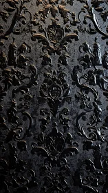 Ornate black damask wallpaper with glossy baroque relief