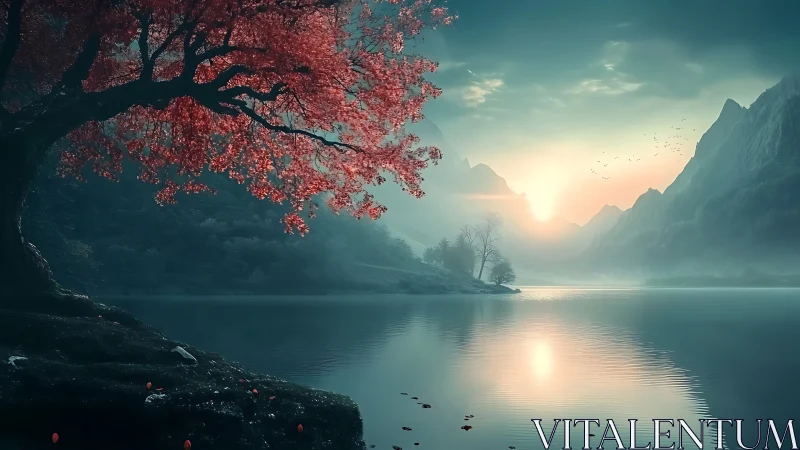 Scarlet dreamtree leans over a mist-silvered mountain lake