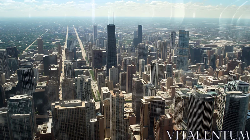 Glass giants march westward beneath a bright Chicago sky