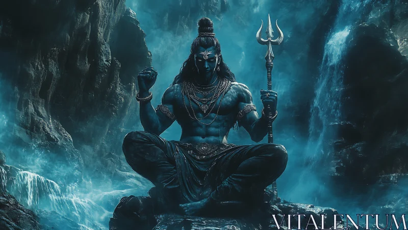 Blue-skinned deity seated in misty rocky cavern landscape.