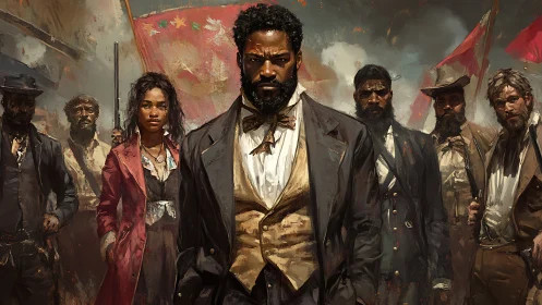 Defiant leaders stand united in a storm of change and hope.