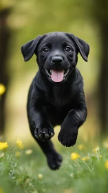 Black Labrador puppy captured mid-leap with shallow depth of field