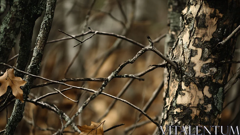Close-up of Autumn Forest Branches and Textured Tree Bark, Nature Photography.