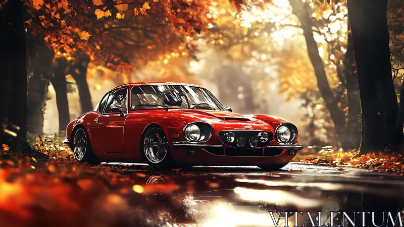 Classic red sports car resting in a golden autumn forest.