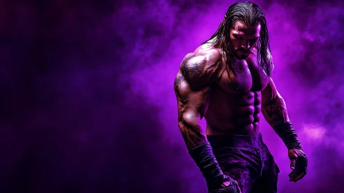 Intense muscular warrior stands in dramatic purple smoke.