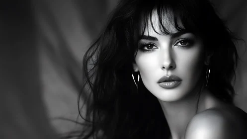 Monochrome close-up portrait of woman with loose hair.