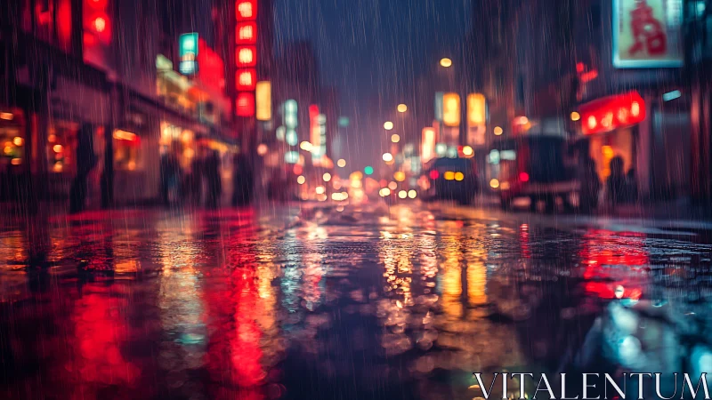 Neon droplets waltz across a rain-soaked midnight avenue