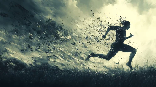 Racing forward, a lone runner breaks free in swirling light